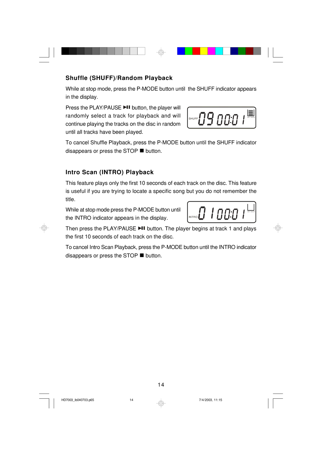 Emerson HD7003 owner manual Shuffle SHUFF/Random Playback, Intro Scan Intro Playback 