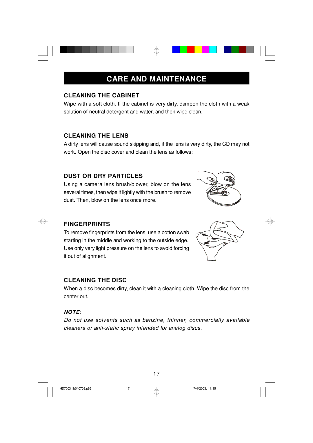 Emerson HD7003 owner manual Care and Maintenance 