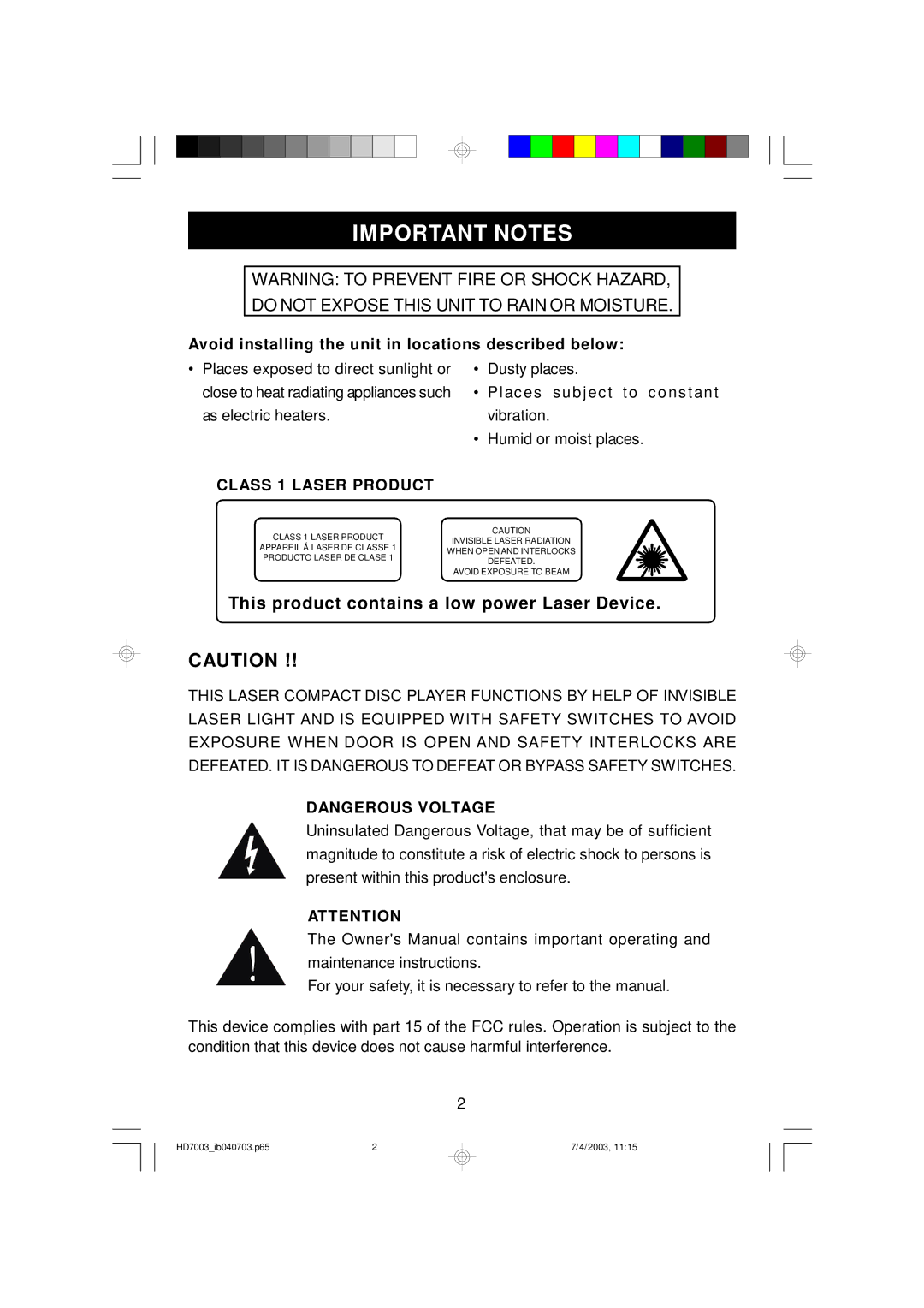 Emerson HD7003 owner manual Important Notes, This product contains a low power Laser Device 