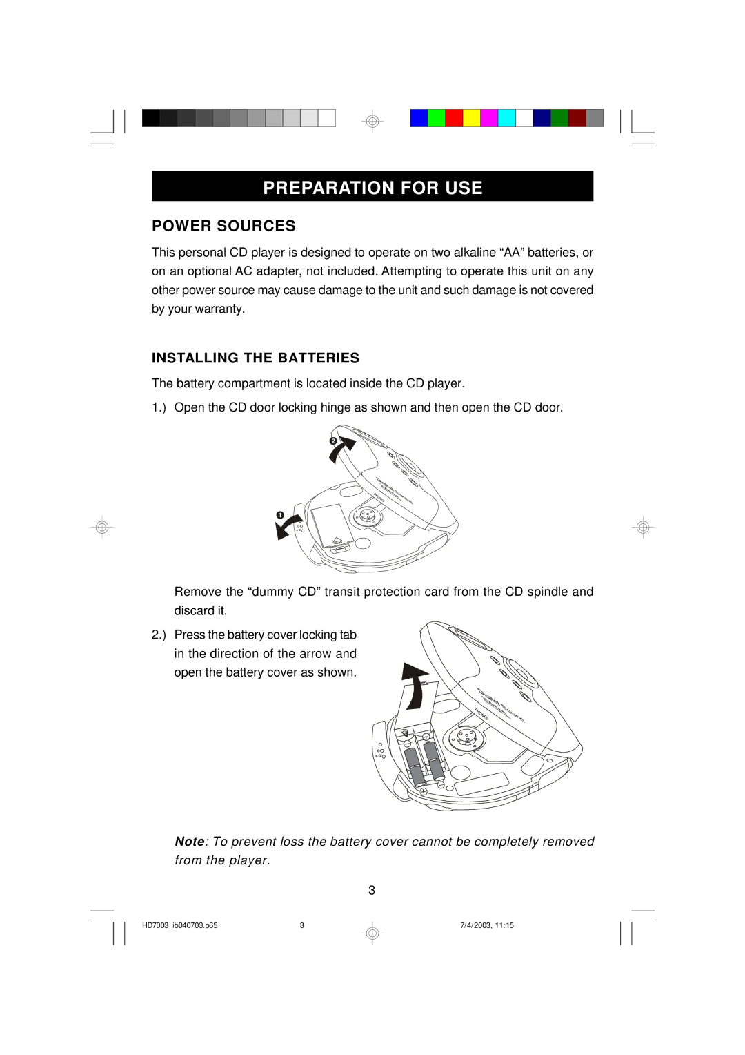 Emerson HD7003 owner manual Preparation for USE, Power Sources, Installing the Batteries 