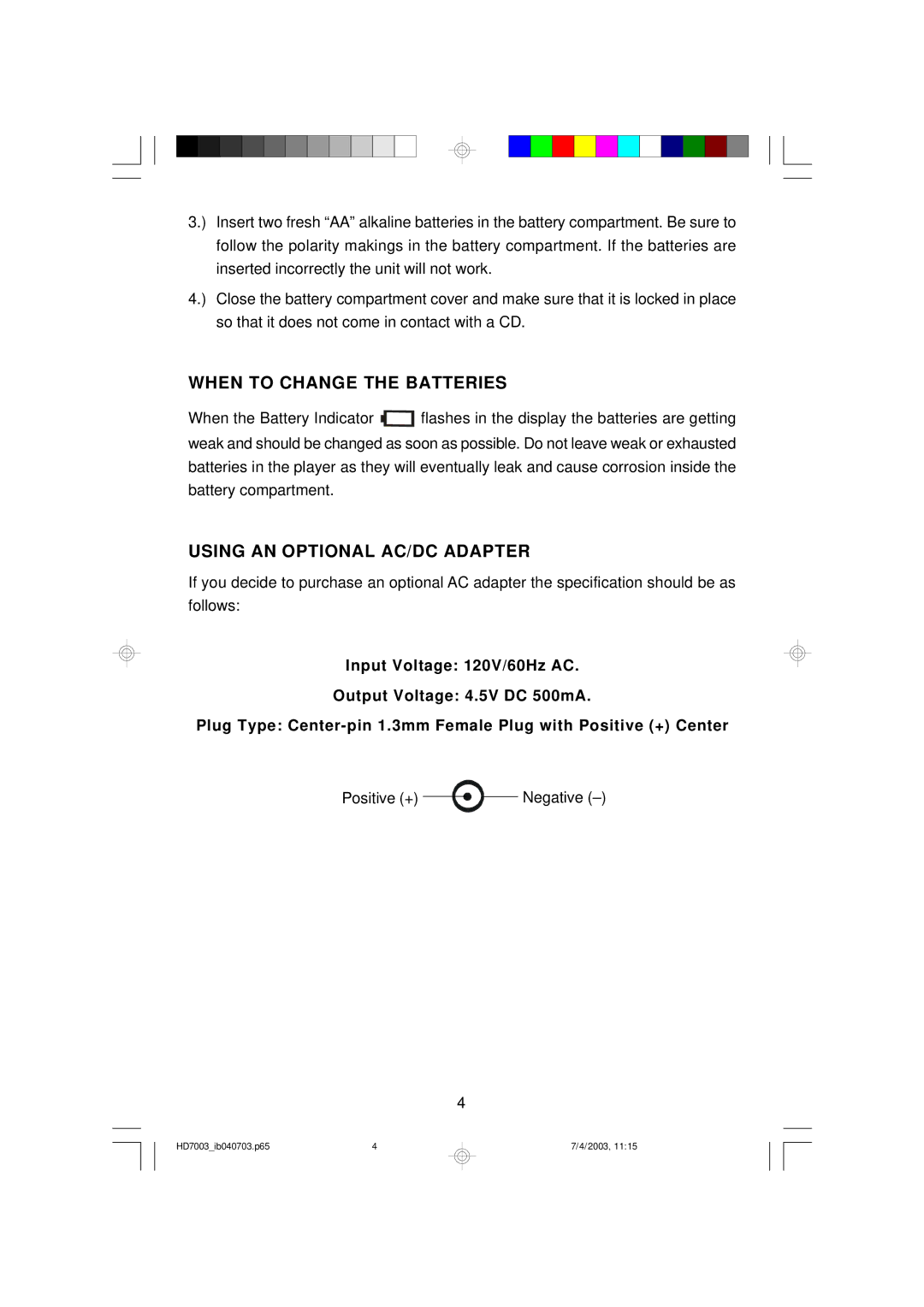 Emerson HD7003 owner manual When to Change the Batteries, Using AN Optional AC/DC Adapter 