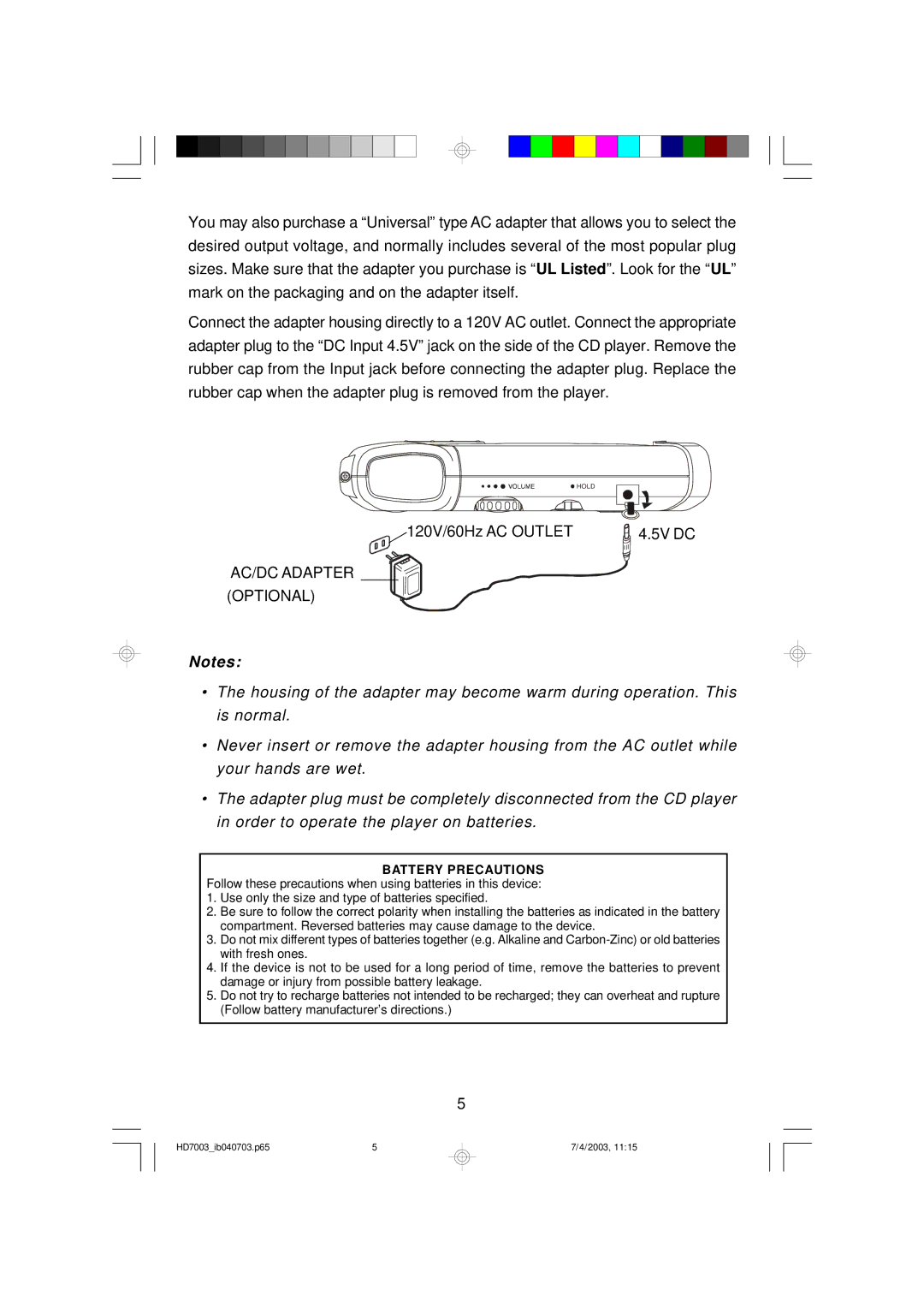 Emerson HD7003 owner manual AC/DC Adapter Optional 