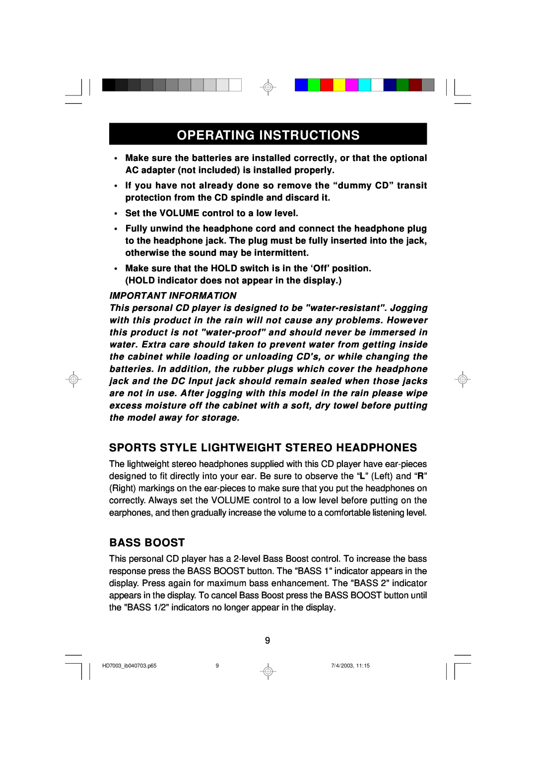 Emerson HD7003 owner manual Operating Instructions, Sports Style Lightweight Stereo Headphones, Bass Boost 
