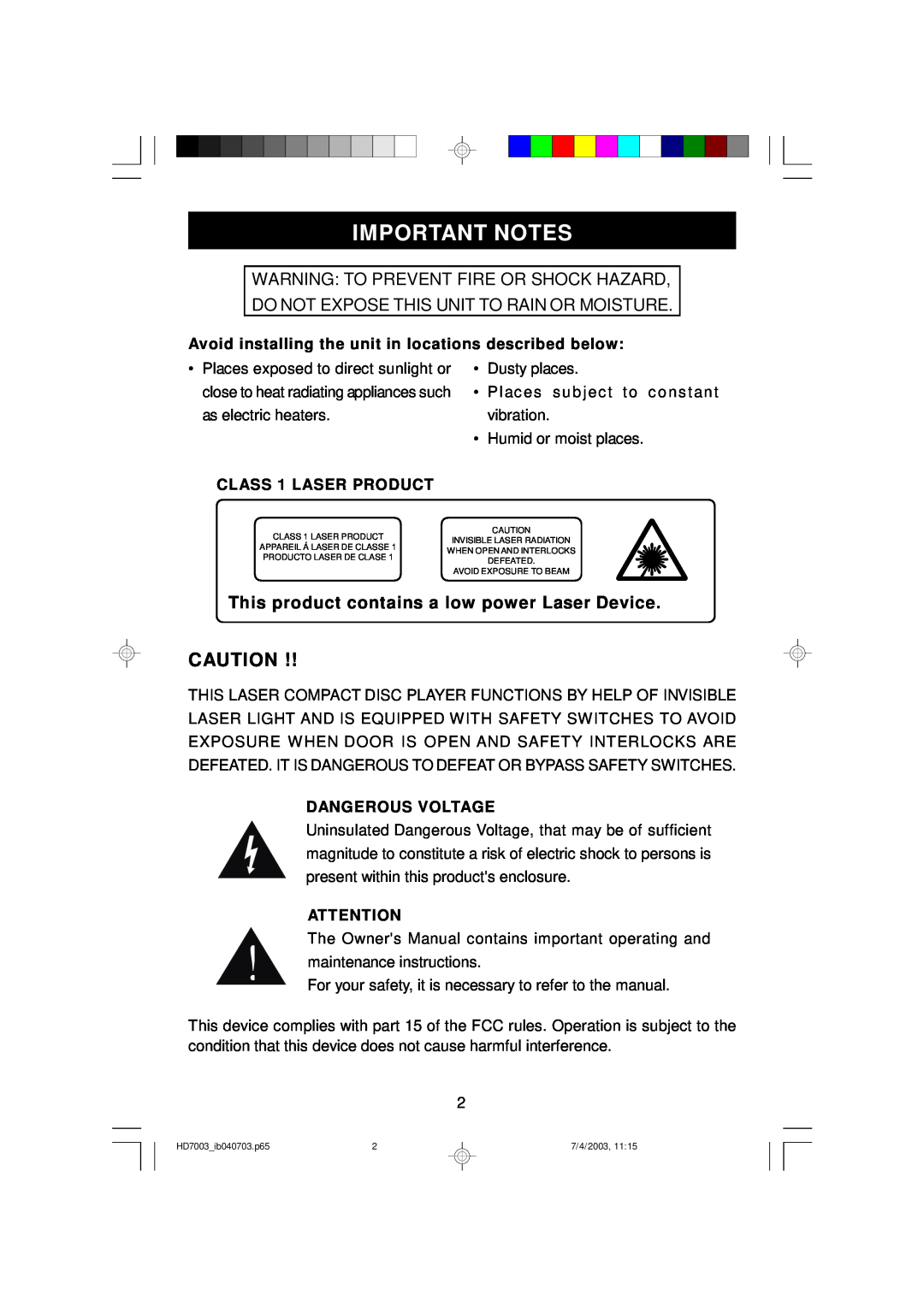 Emerson HD7003 owner manual Important Notes, This product contains a low power Laser Device 