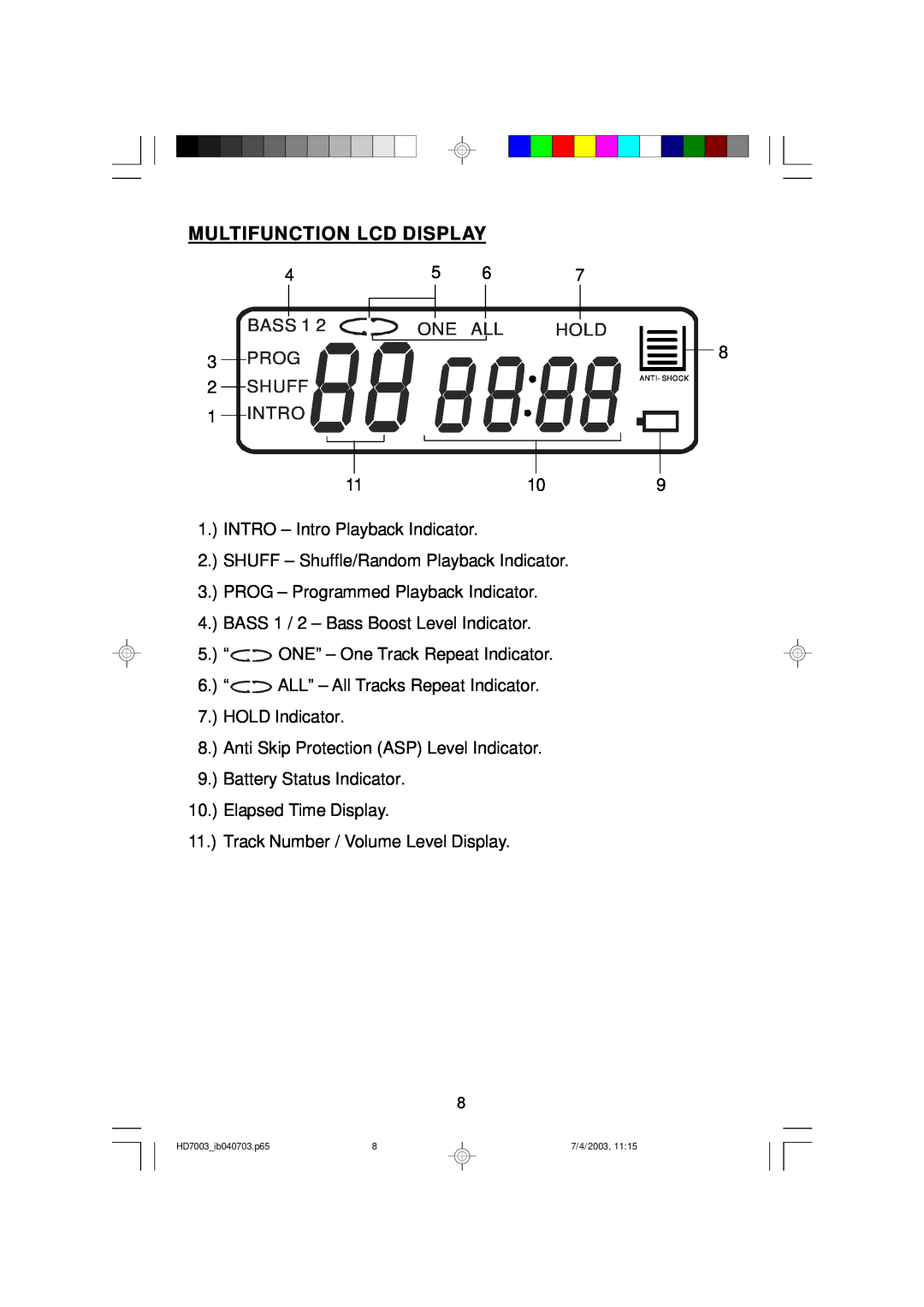 Emerson HD7003 owner manual Multifunction Lcd Display, BASS 1, Hold, Prog, Shuff, Intro 