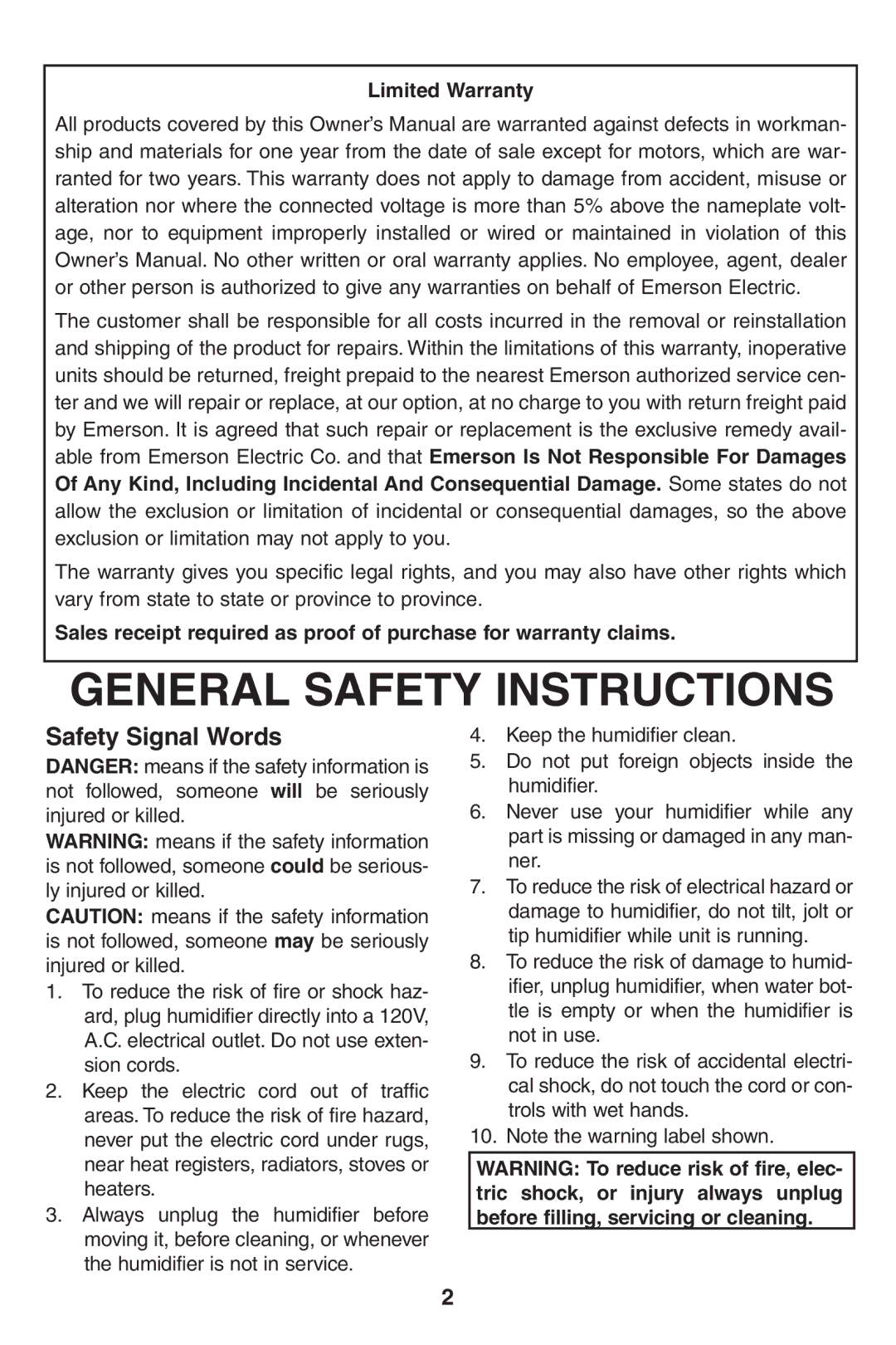 Emerson HD7005, HD7002 owner manual General Safety Instructions, Limited Warranty 