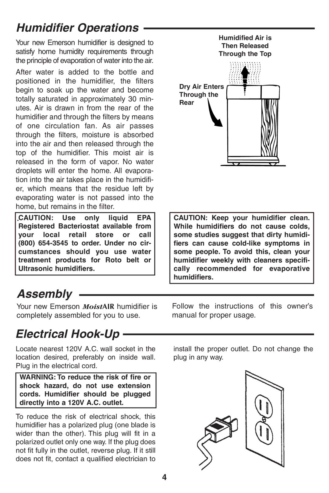 Emerson HD7005, HD7002 owner manual Humidifier Operations, Assembly, Electrical Hook-Up 