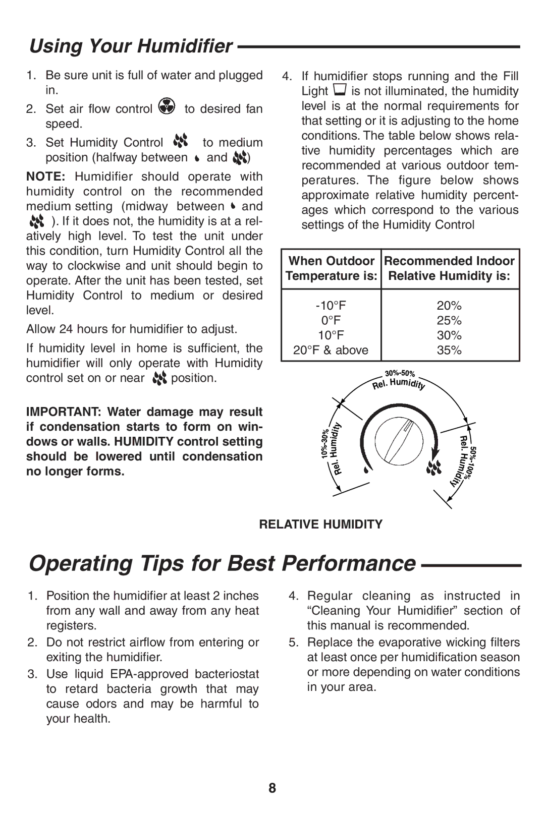 Emerson HD7005, HD7002 owner manual Operating Tips for Best Performance, Using Your Humidifier 