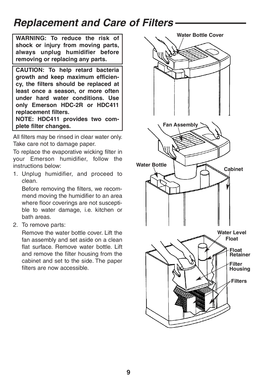 Emerson HD7002, HD7005 owner manual Replacement and Care of Filters 