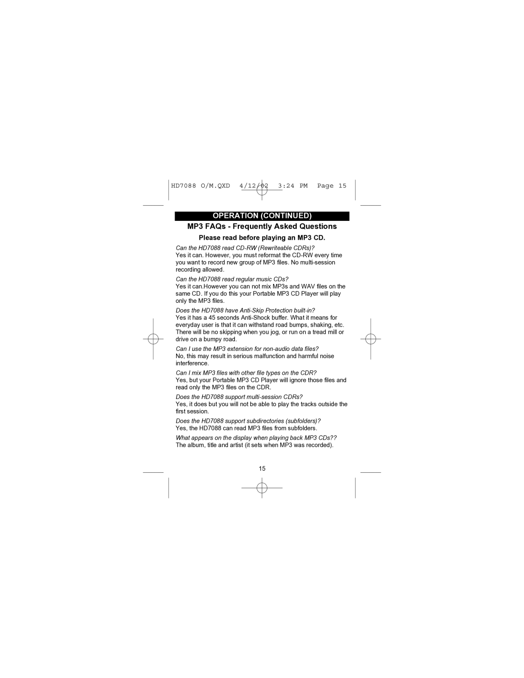 Emerson HD7088 owner manual MP3 FAQs Frequently Asked Questions 