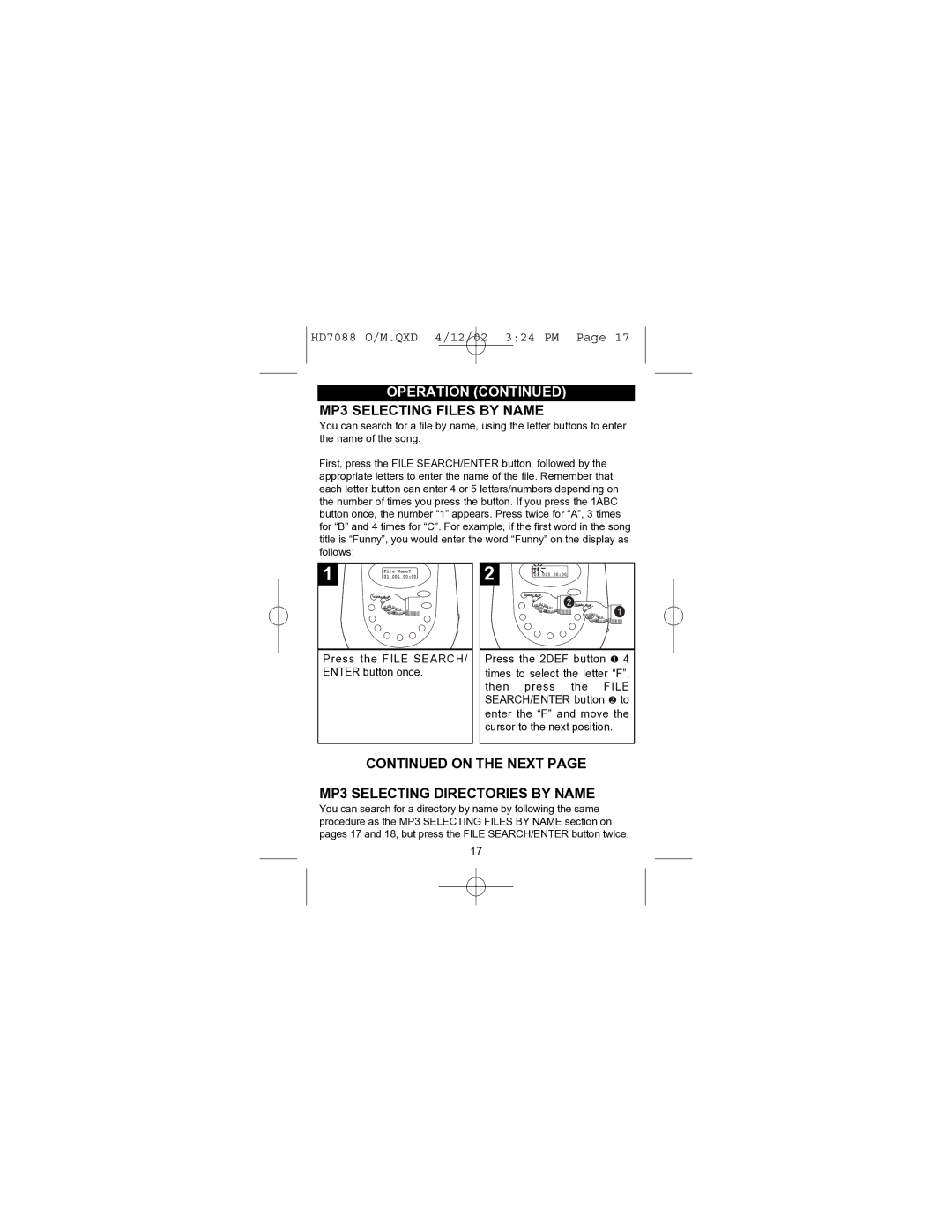 Emerson HD7088 owner manual MP3 Selecting Files by Name, On the Next MP3 Selecting Directories by Name 