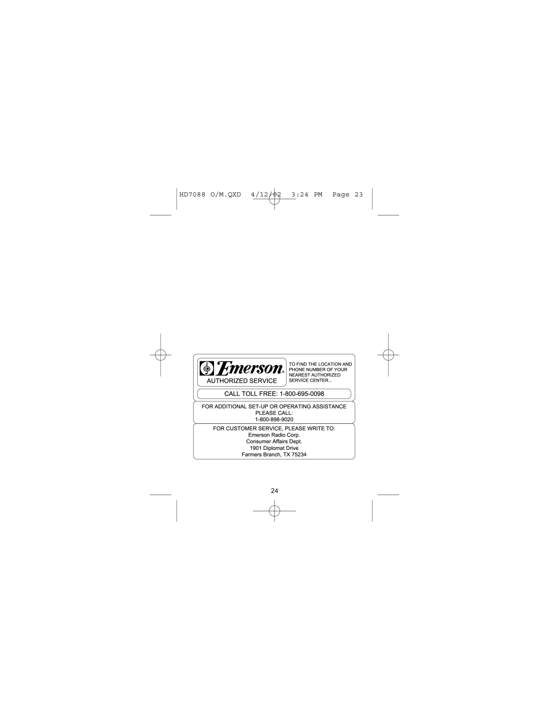 Emerson HD7088 owner manual FarmersBranch,TX75234 