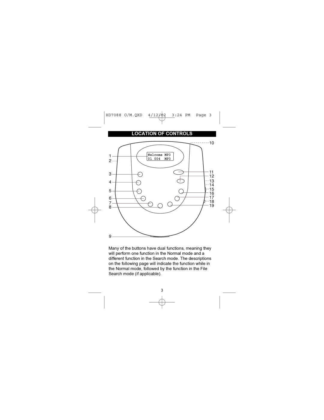 Emerson HD7088 owner manual Location of Controls, 01 004 MP3 