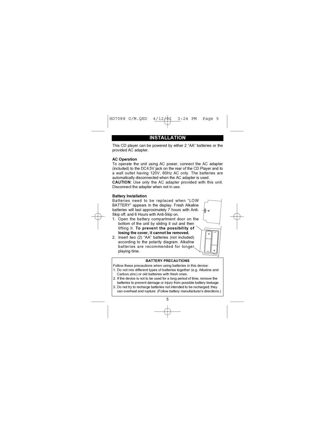 Emerson HD7088 owner manual Installation, Battery Precautions 