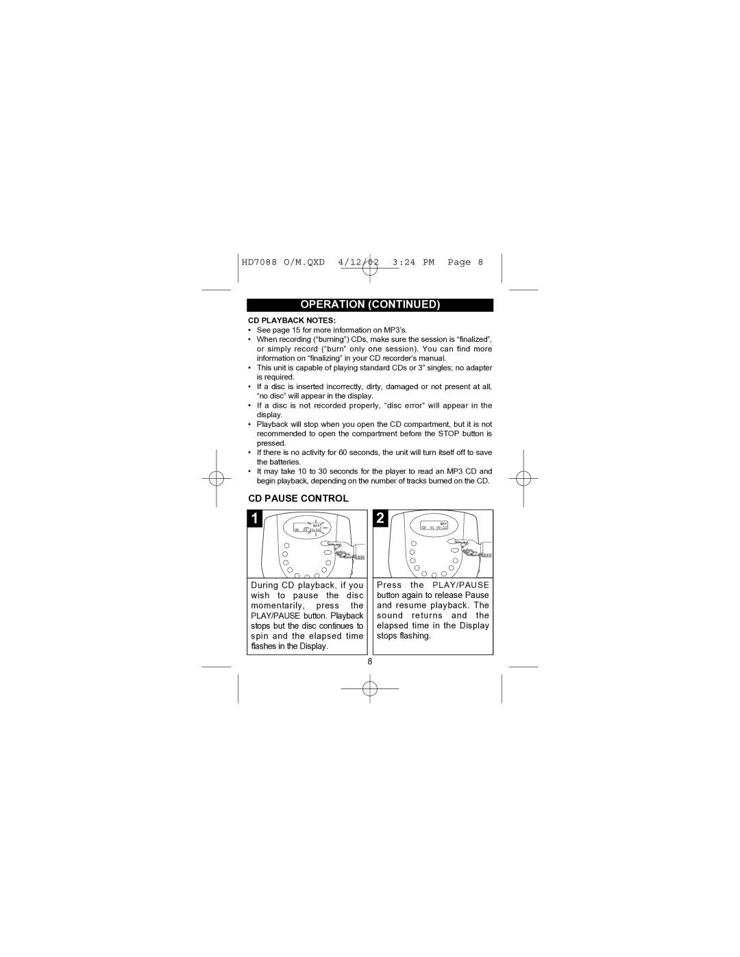 Emerson HD7088 owner manual CD Pause Control, CD Playback Notes 