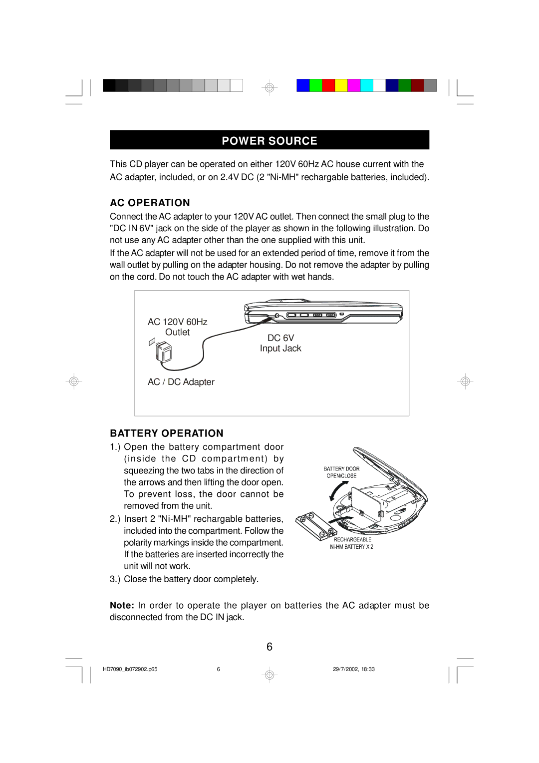 Emerson HD7090 owner manual Power Source, AC Operation, Battery Operation 