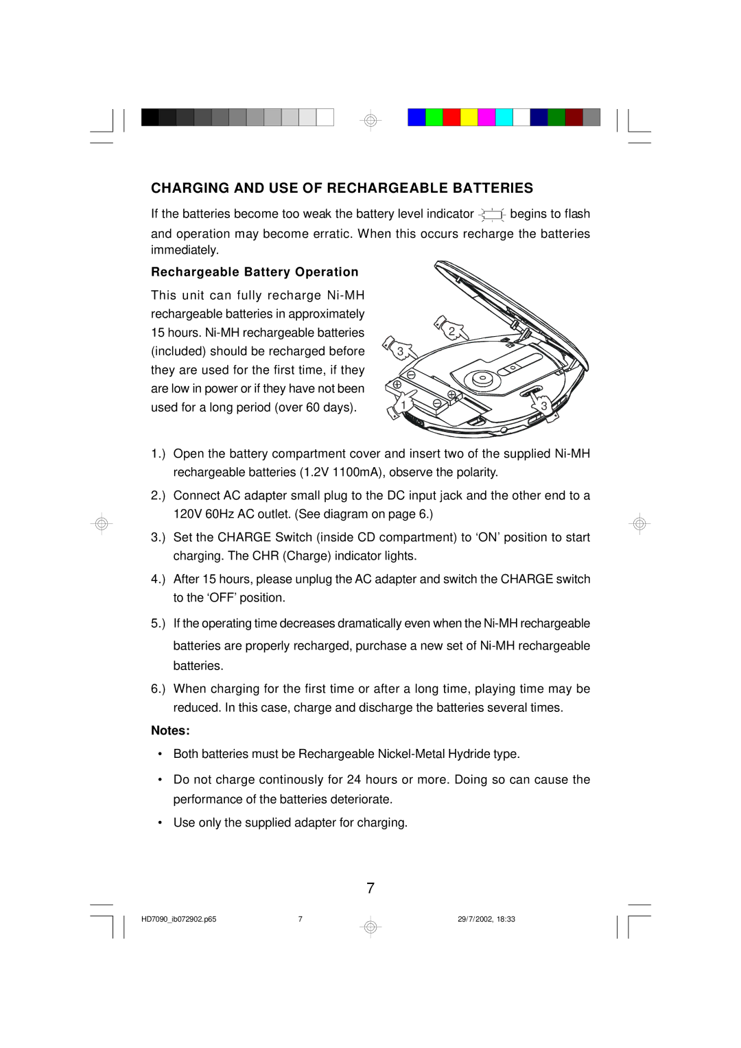 Emerson HD7090 owner manual Charging and USE of Rechargeable Batteries, Rechargeable Battery Operation 