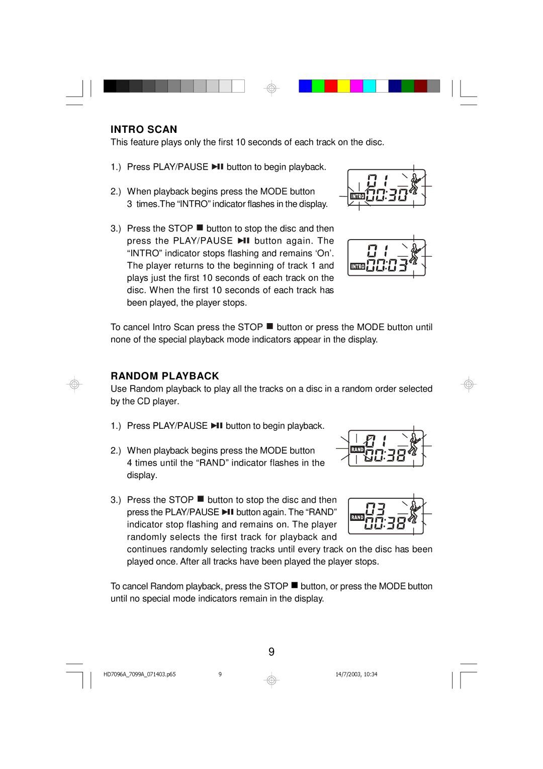 Emerson HD7096A, HD7099A owner manual Intro Scan, Random Playback 