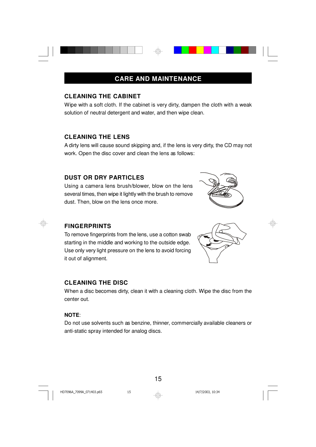 Emerson HD7096A, HD7099A owner manual Care and Maintenance 