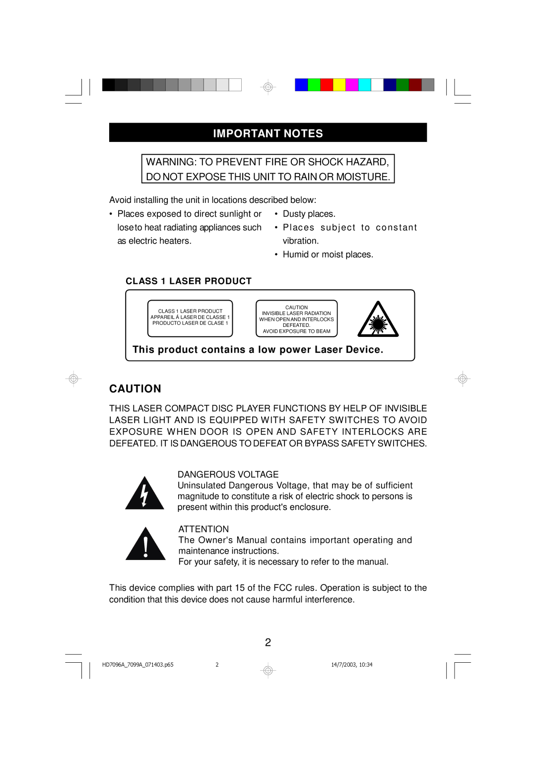 Emerson HD7099A, HD7096A owner manual Important Notes, This product contains a low power Laser Device 