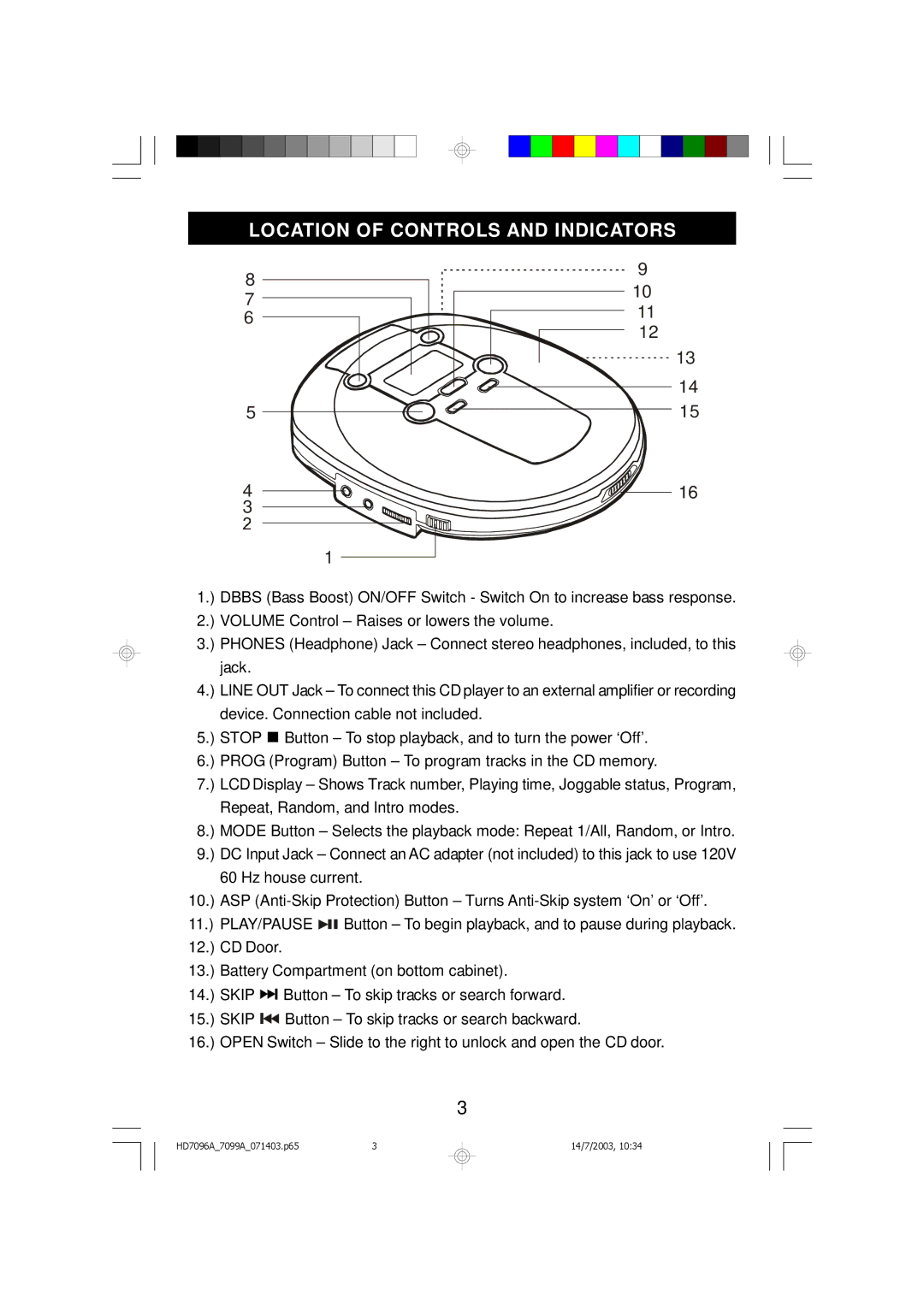 Emerson HD7096A, HD7099A owner manual Location of Controls and Indicators, Stop 