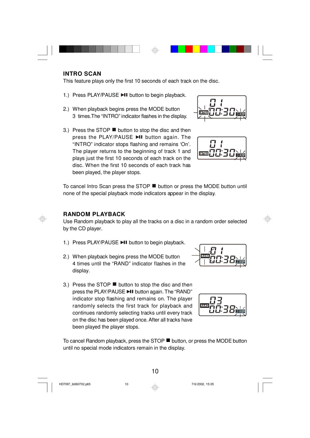 Emerson HD7097 owner manual Intro Scan, Random Playback 