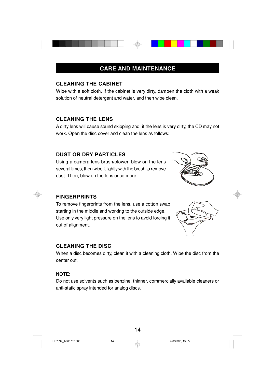 Emerson HD7097 owner manual Care and Maintenance 