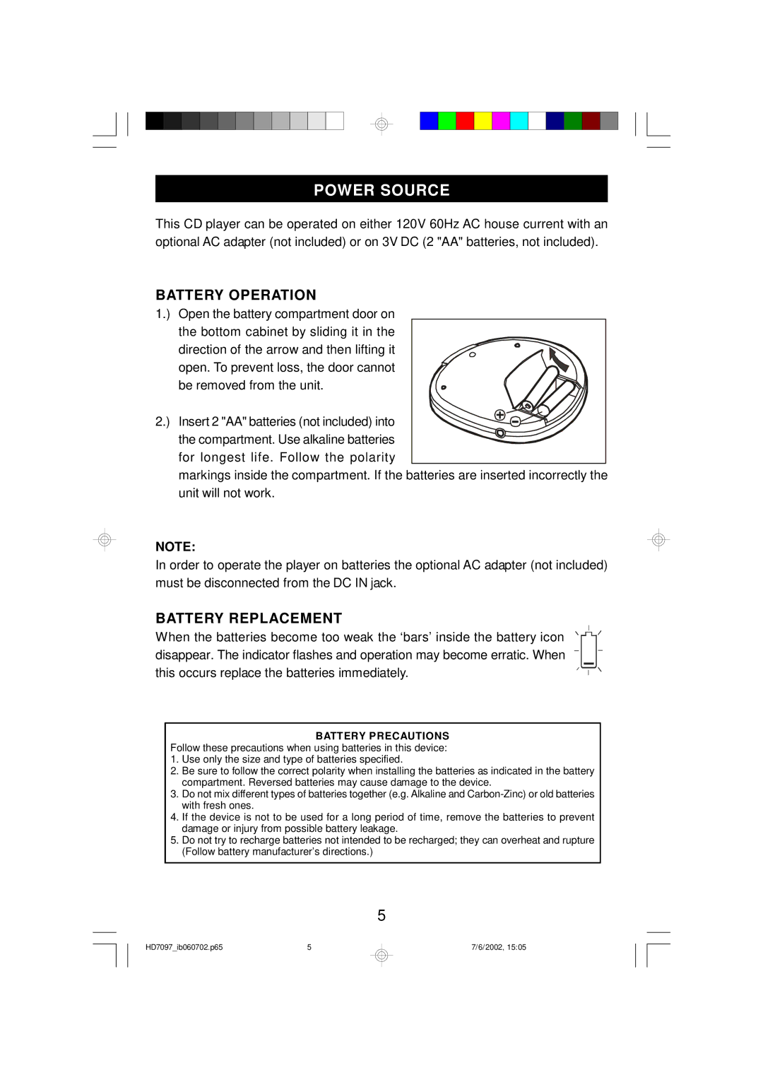 Emerson HD7097 owner manual Power Source, Battery Operation, Battery Replacement 