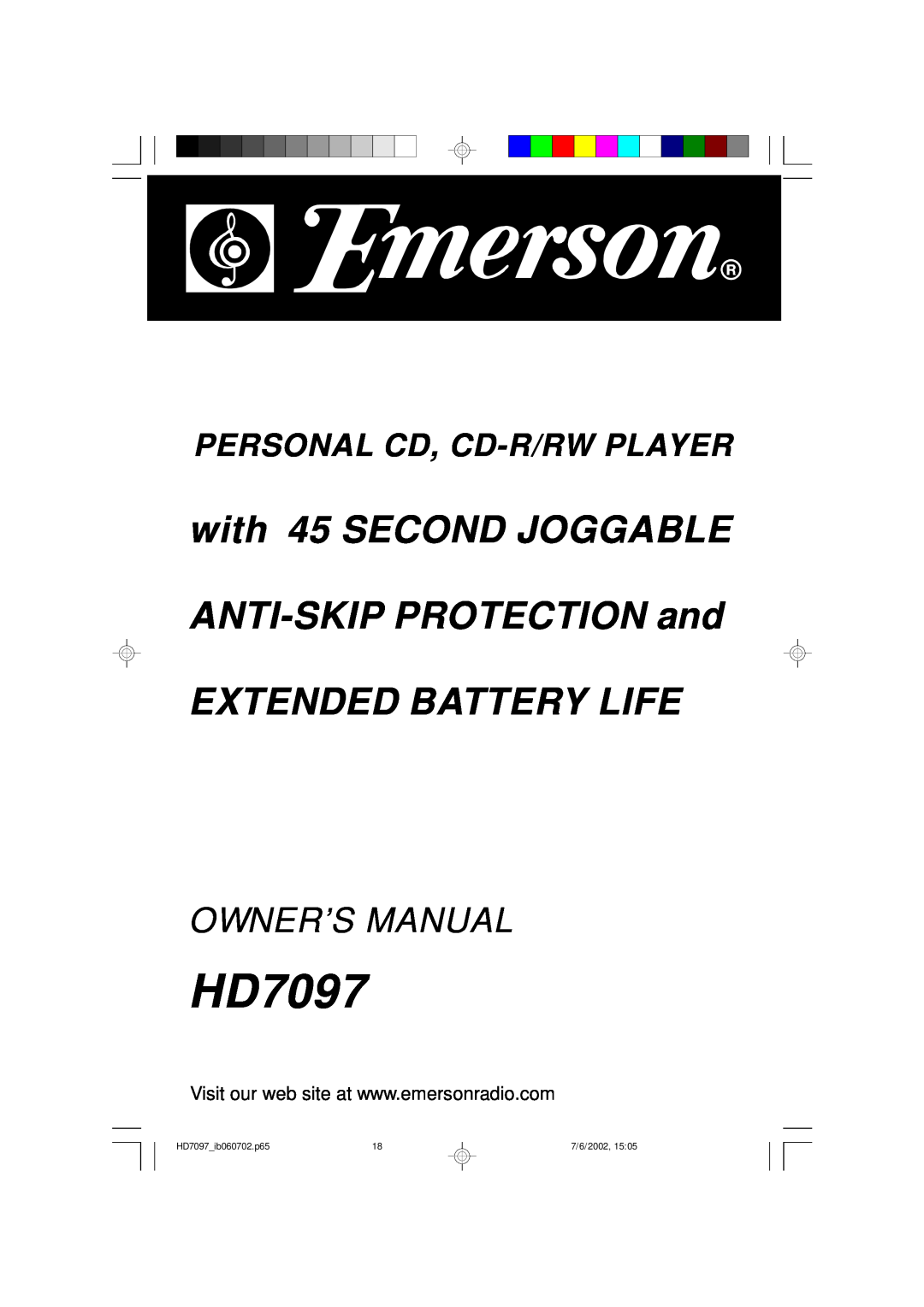 Emerson owner manual with 45 SECOND JOGGABLE ANTI-SKIP PROTECTION and, Extended Battery Life, HD7097ib060702.p65 