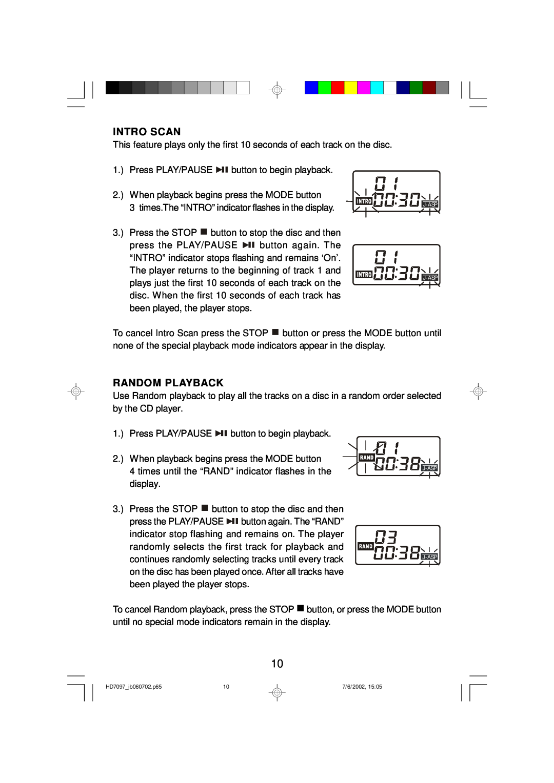 Emerson HD7097 owner manual Intro Scan, Random Playback, J-Asp J-Asp 