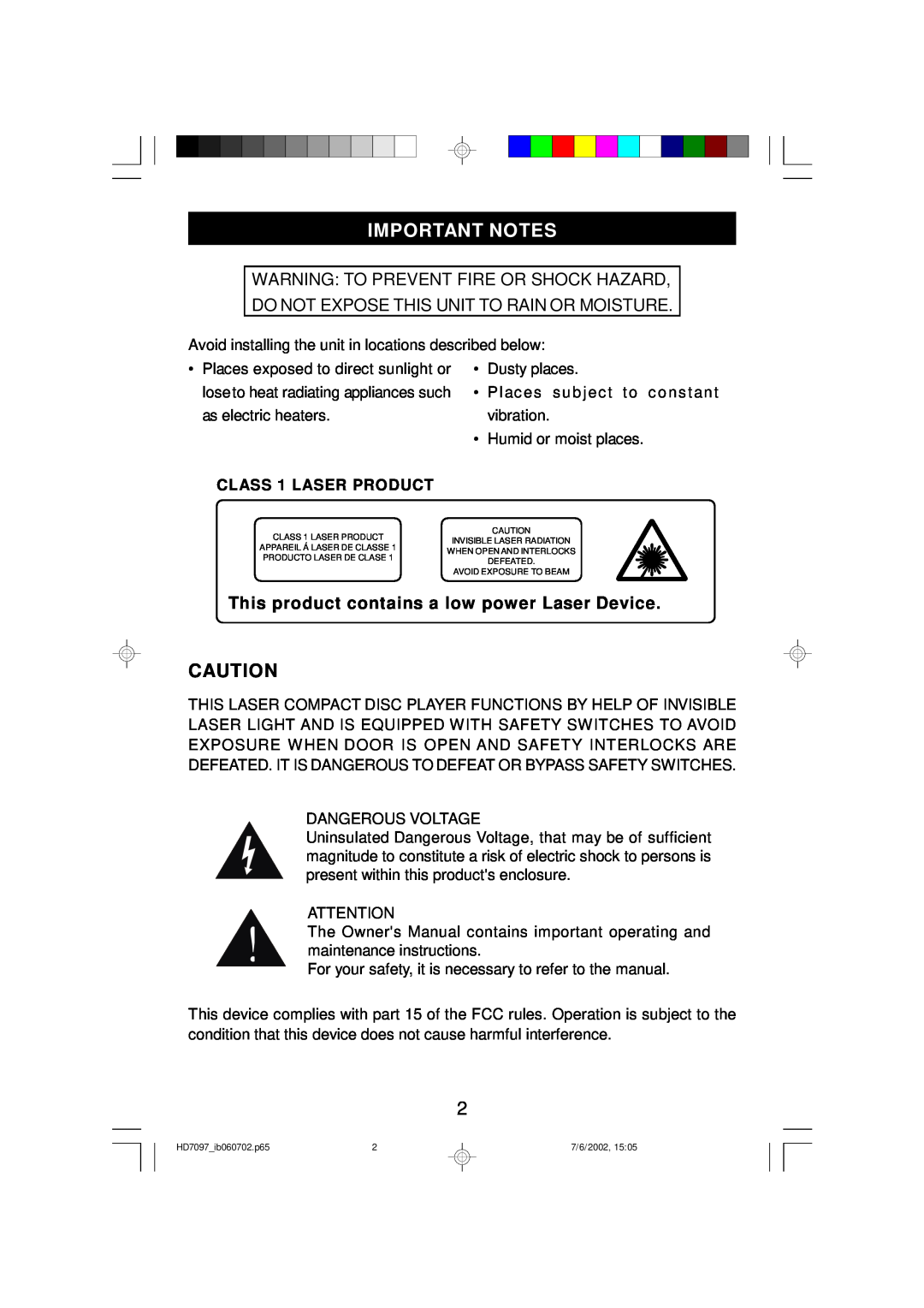 Emerson HD7097 owner manual Important Notes, This product contains a low power Laser Device, CLASS 1 LASER PRODUCT 