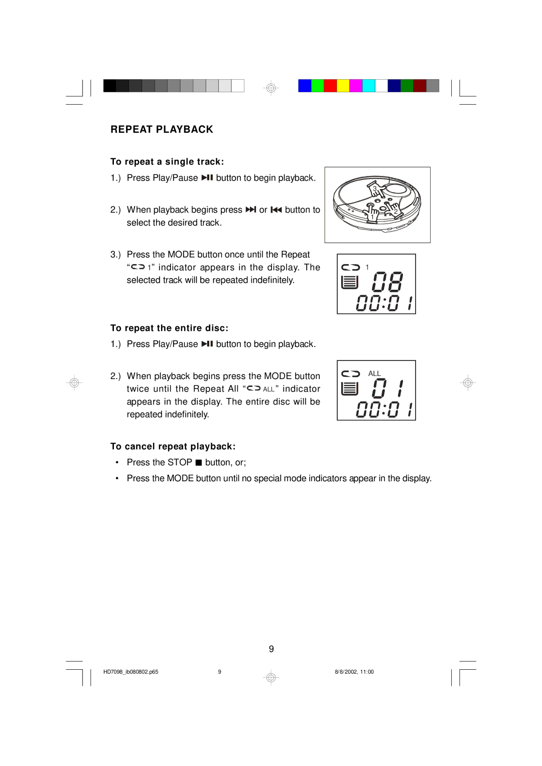 Emerson HD7098 owner manual Repeat Playback, To repeat a single track 