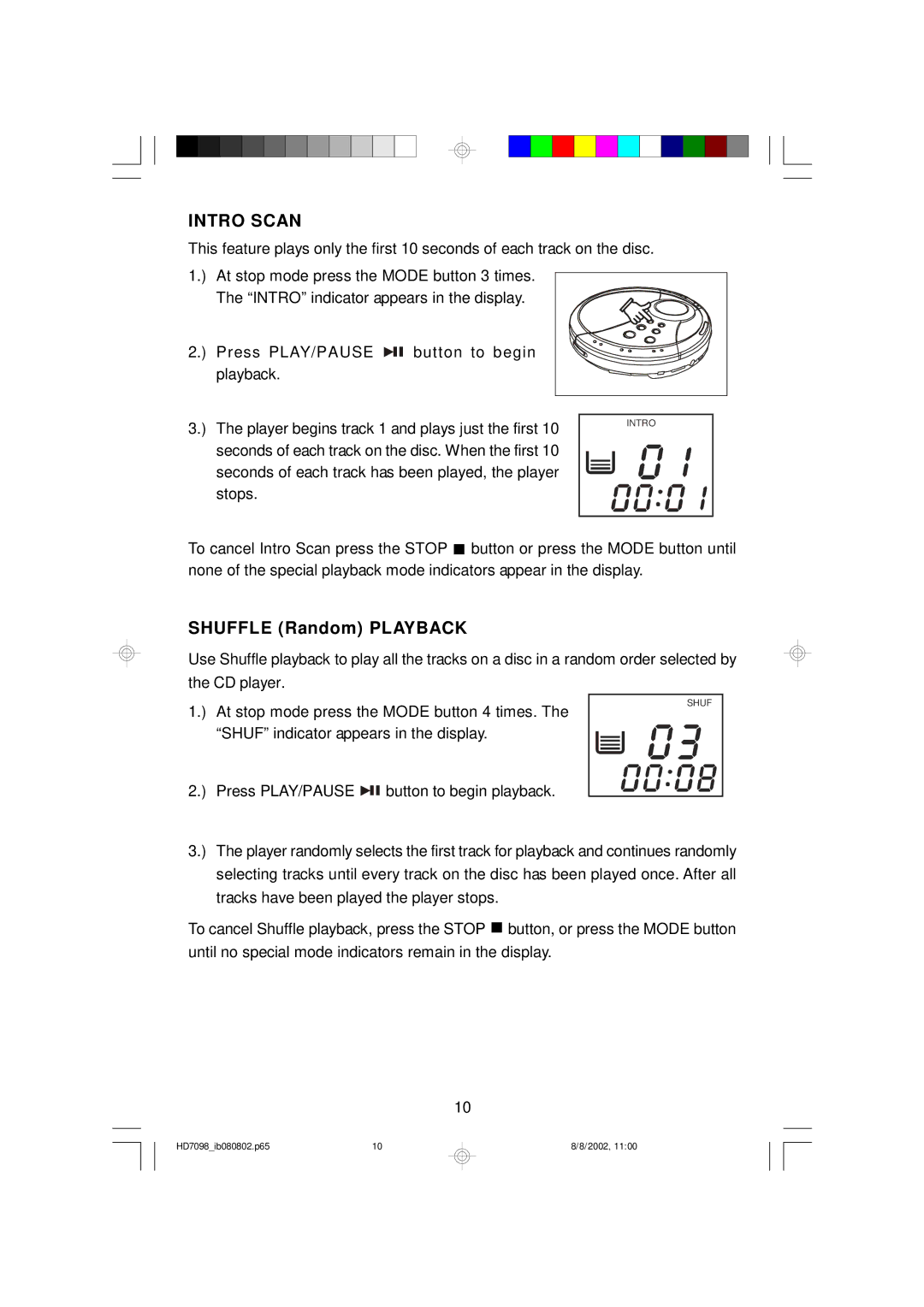 Emerson HD7098 owner manual Intro Scan, Shuffle Random Playback 