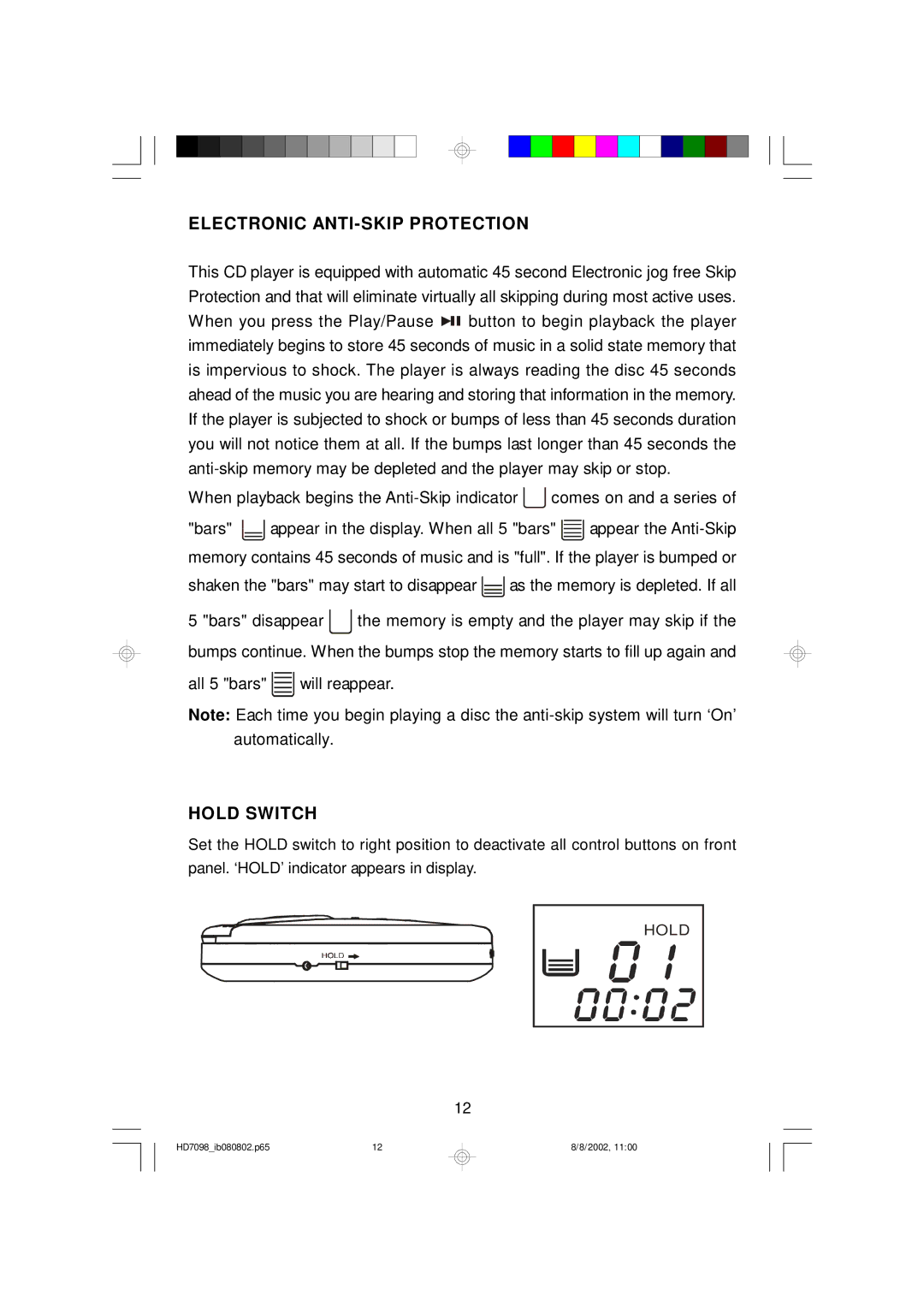 Emerson HD7098 owner manual Electronic ANTI-SKIP Protection, Hold Switch 