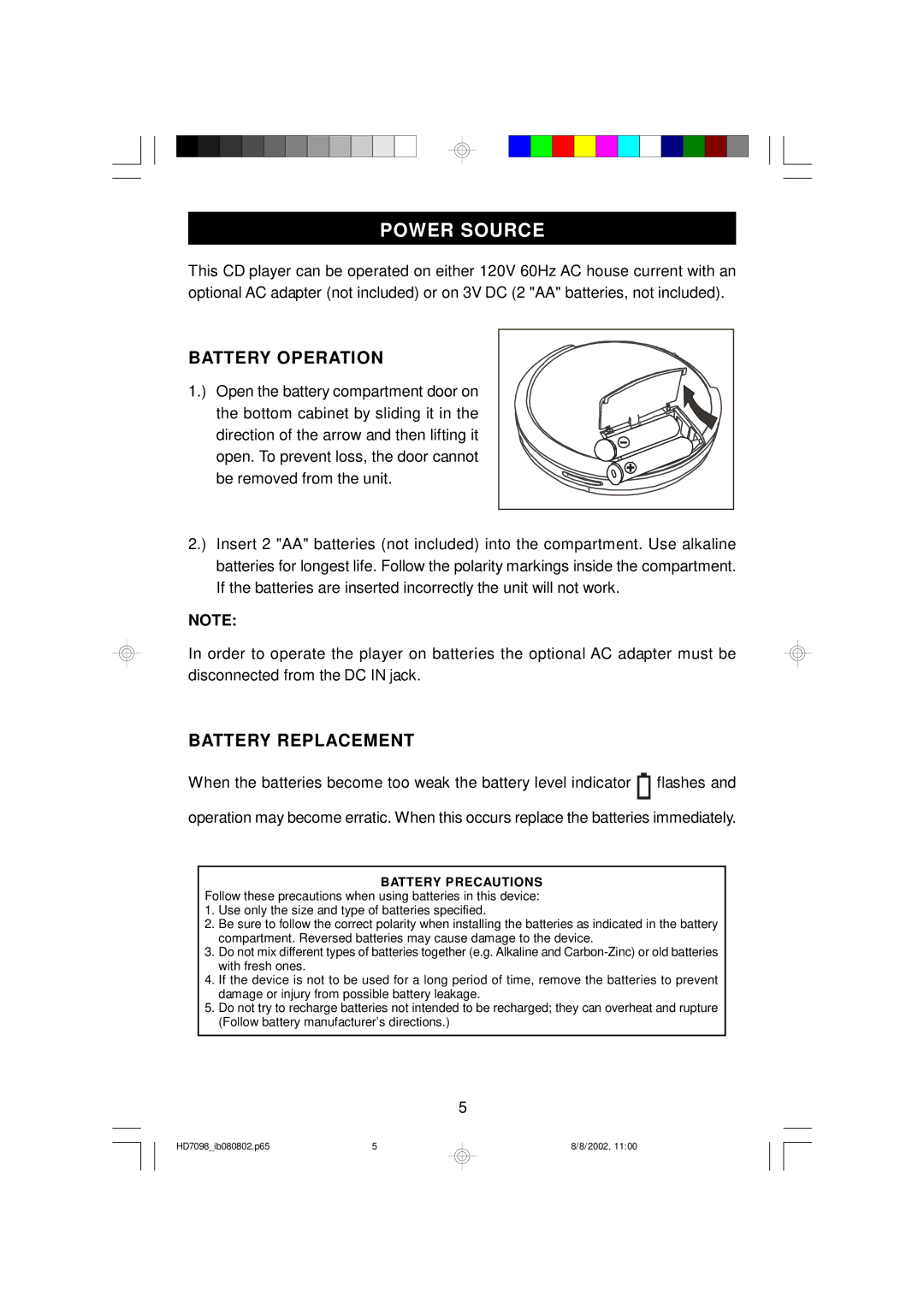 Emerson HD7098 owner manual Power Source, Battery Operation, Battery Replacement 