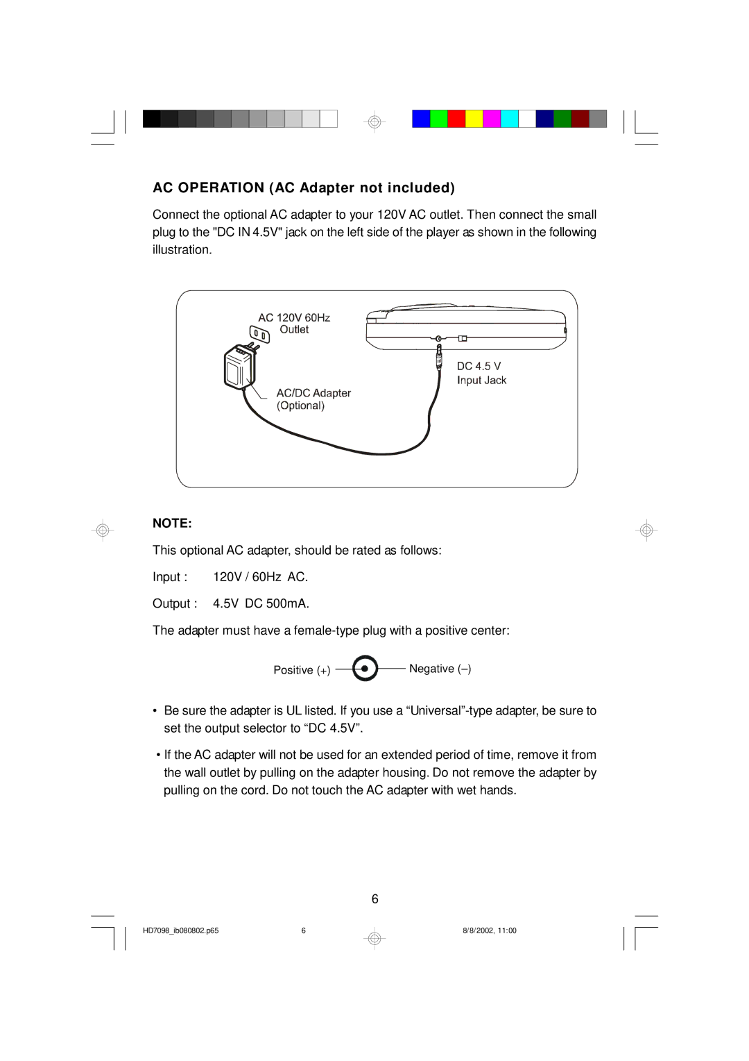 Emerson HD7098 owner manual AC Operation AC Adapter not included 