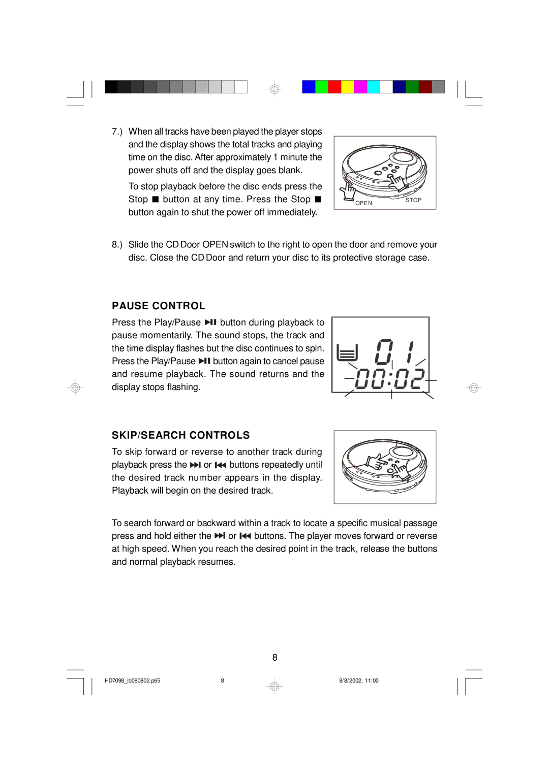 Emerson HD7098 owner manual Pause Control, SKIP/SEARCH Controls 