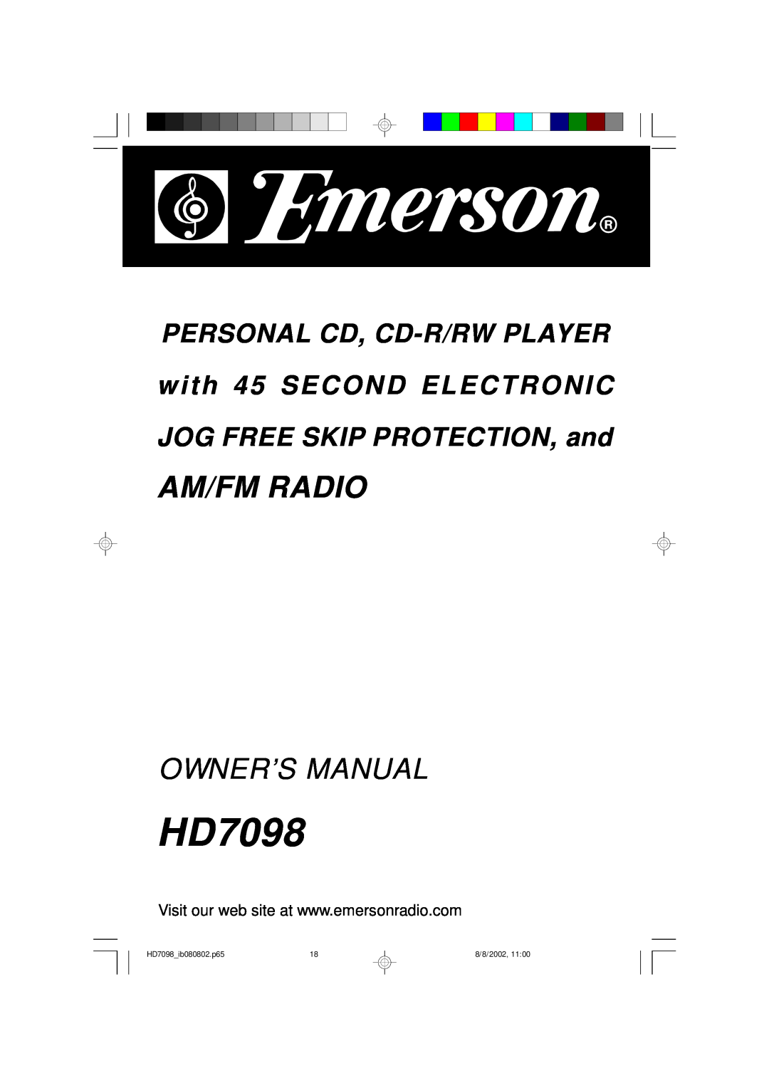 Emerson owner manual Am/Fm Radio, Personal Cd, Cd-R/Rwplayer, with 45 SECOND ELECTRONIC, HD7098 ib080802.p65, 8/8/2002 