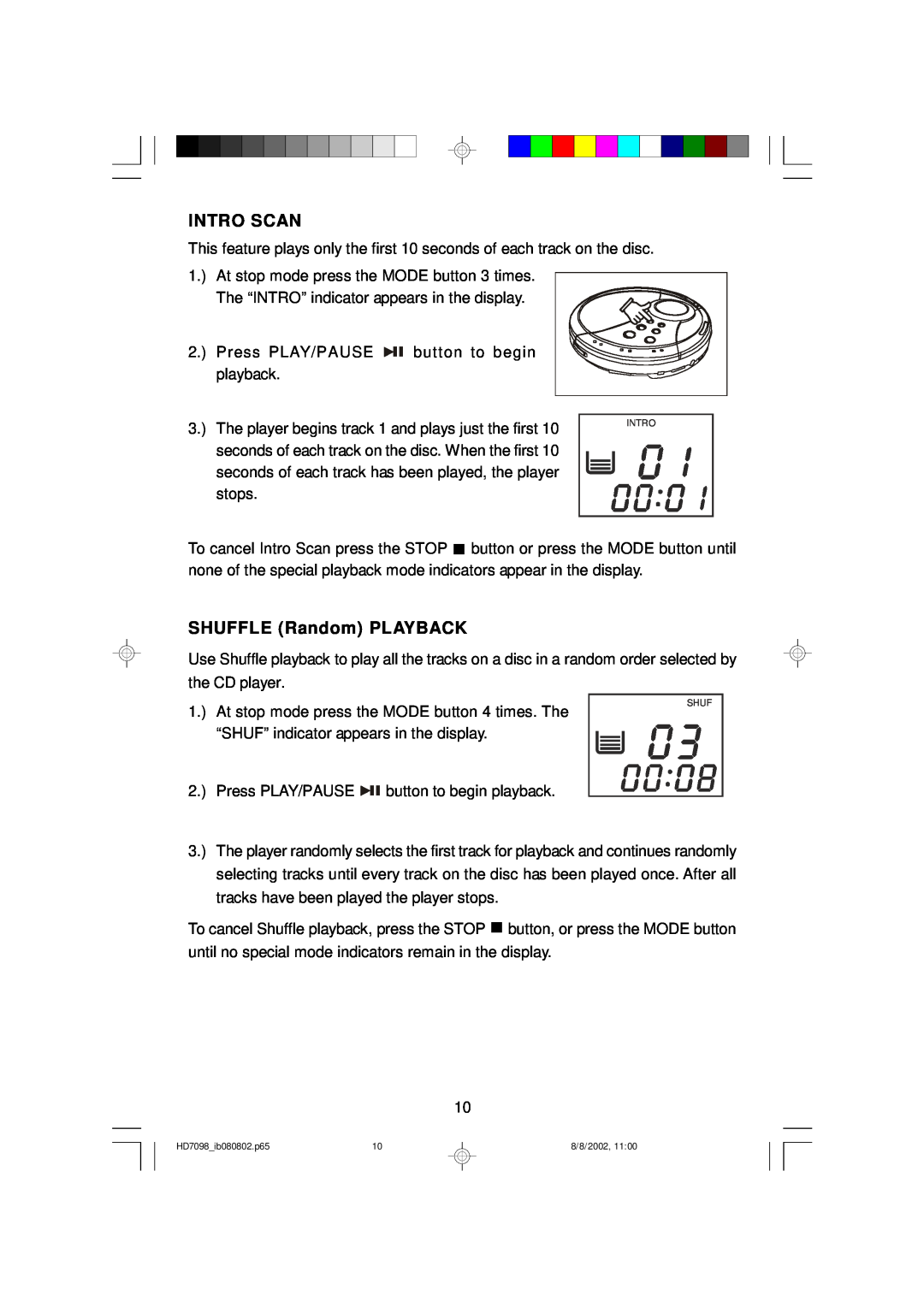 Emerson HD7098 owner manual Intro Scan, SHUFFLE Random PLAYBACK 