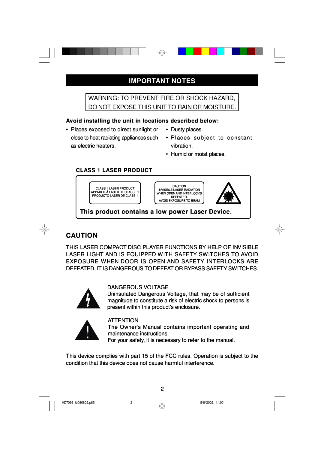 Emerson HD7098 owner manual Important Notes, This product contains a low power Laser Device, CLASS 1 LASER PRODUCT 