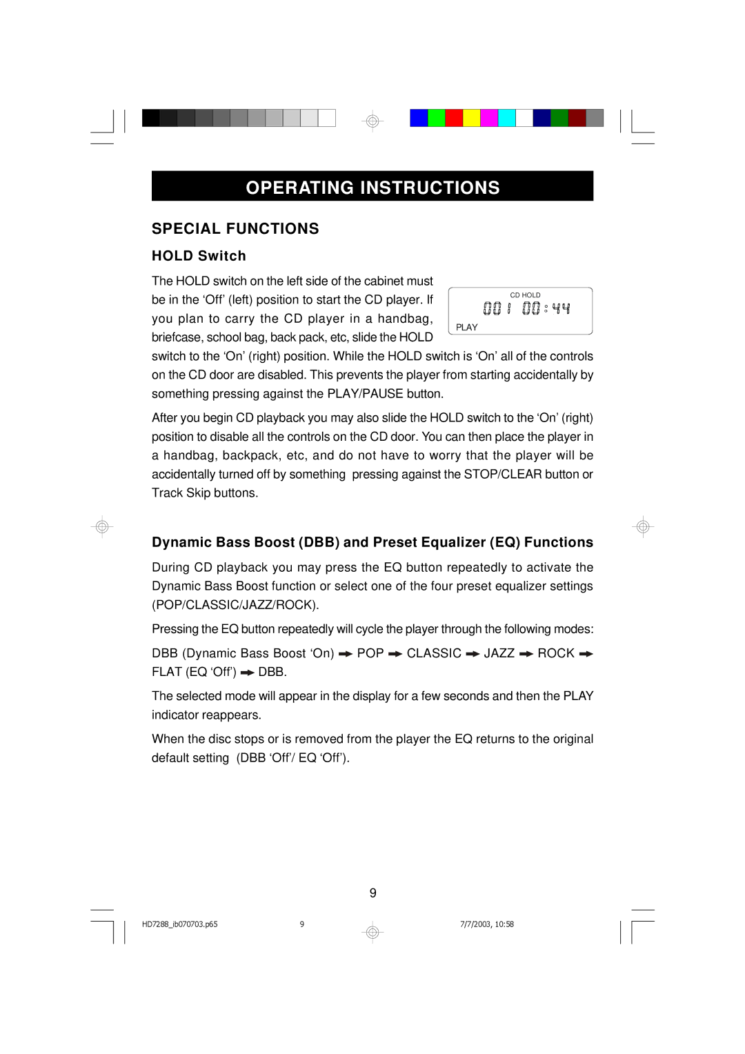 Emerson HD7288 owner manual Operating Instructions, Special Functions, Hold Switch 