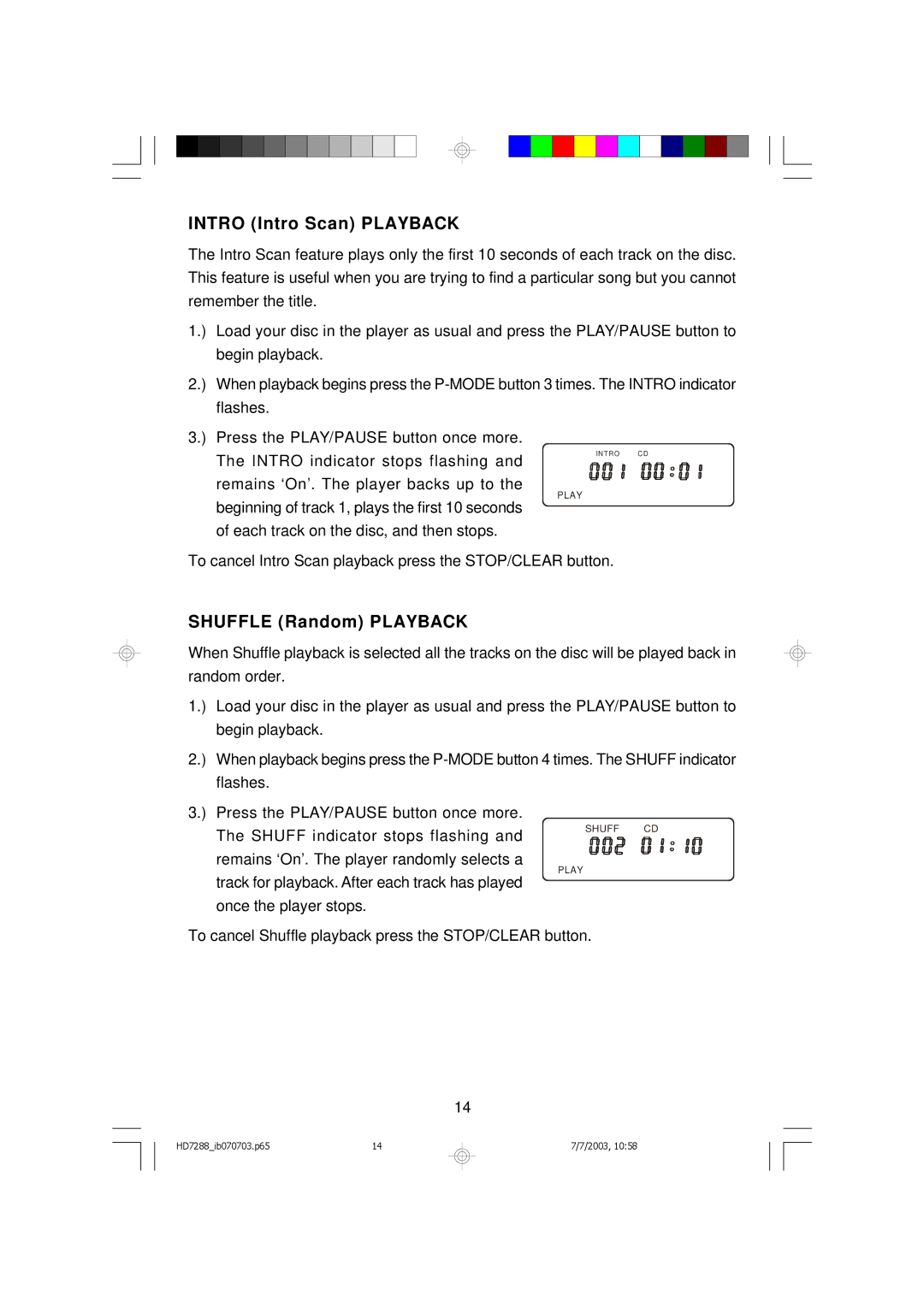 Emerson HD7288 owner manual Intro Intro Scan Playback, Shuffle Random Playback 