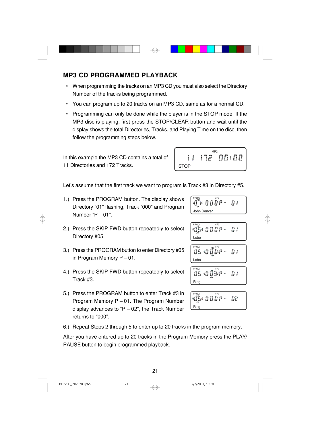 Emerson HD7288 owner manual MP3 CD Programmed Playback 