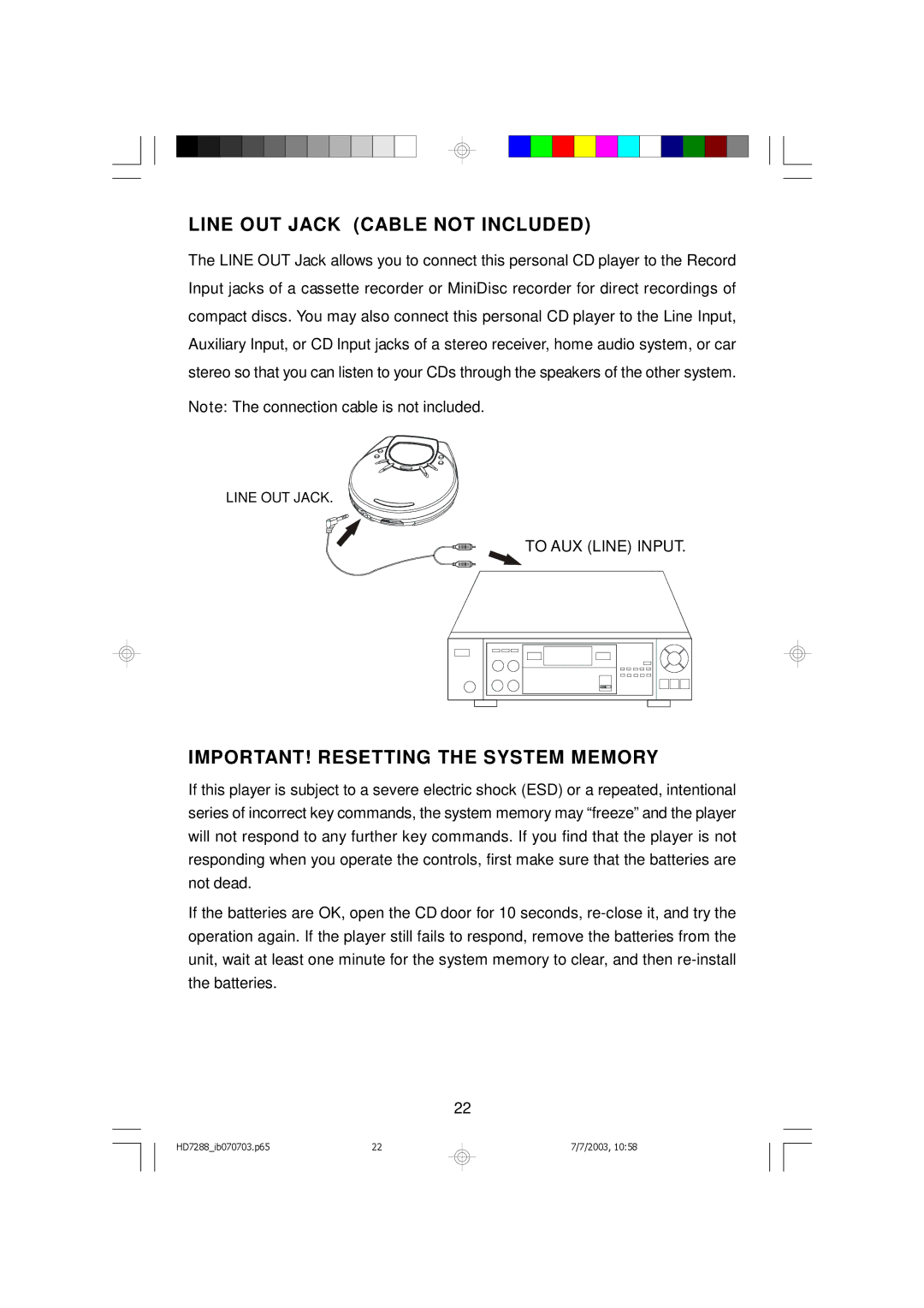 Emerson HD7288 owner manual Line OUT Jack Cable not Included, IMPORTANT! Resetting the System Memory 