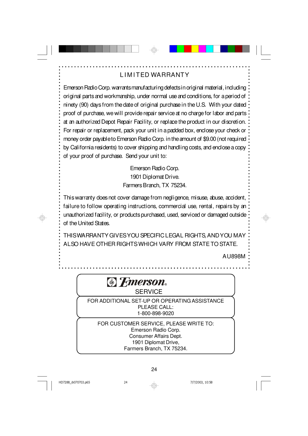 Emerson HD7288 owner manual Limited Warranty 