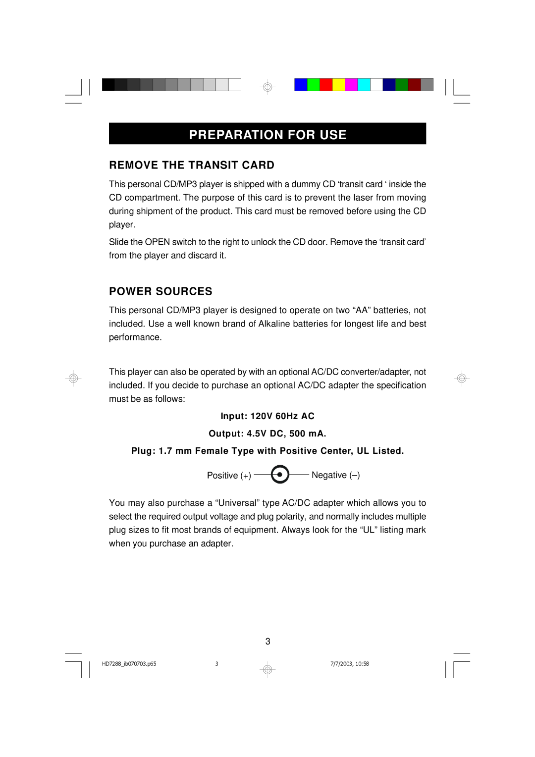 Emerson HD7288 owner manual Preparation for USE, Remove the Transit Card, Power Sources 