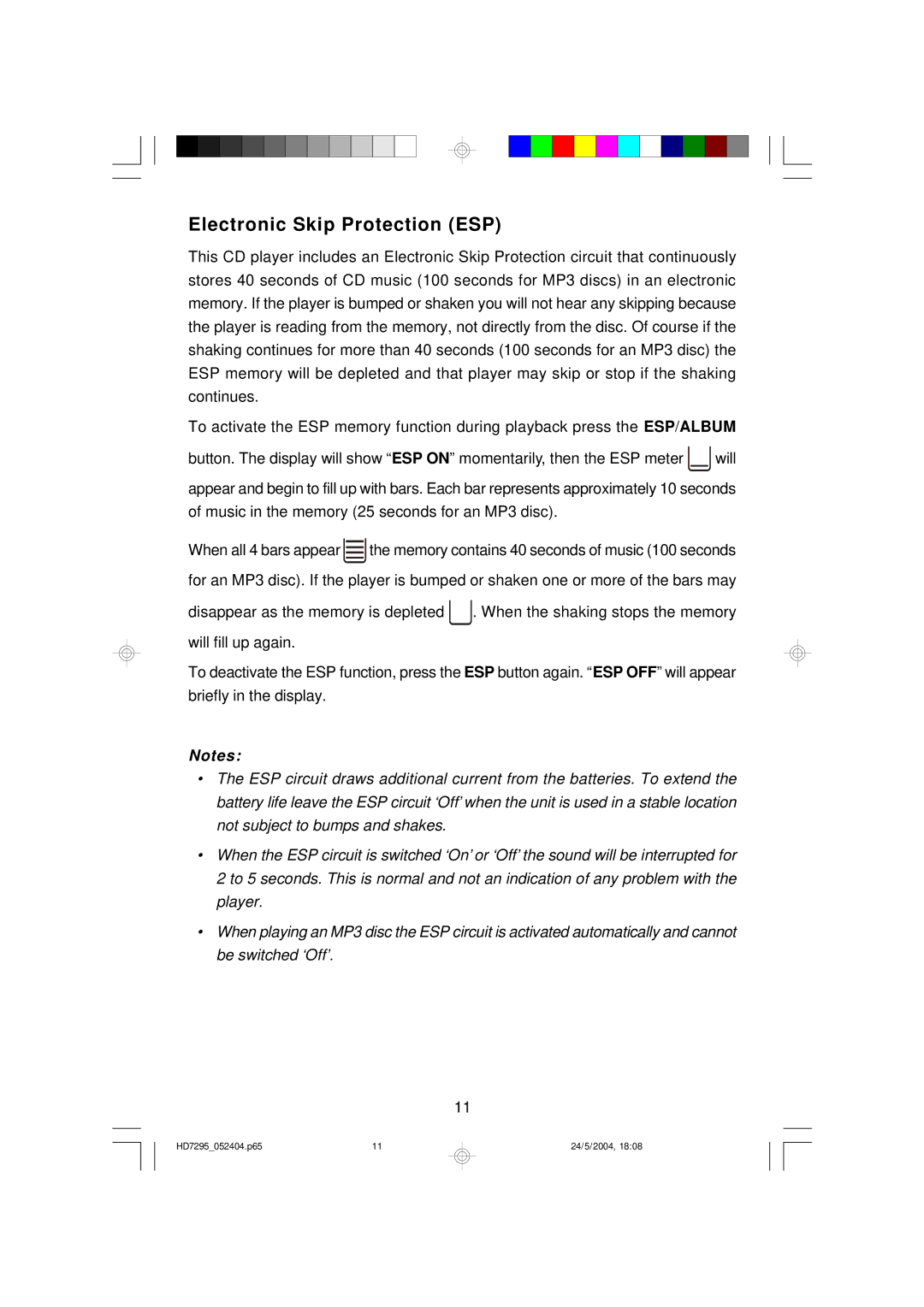 Emerson HD7295 owner manual Electronic Skip Protection ESP 