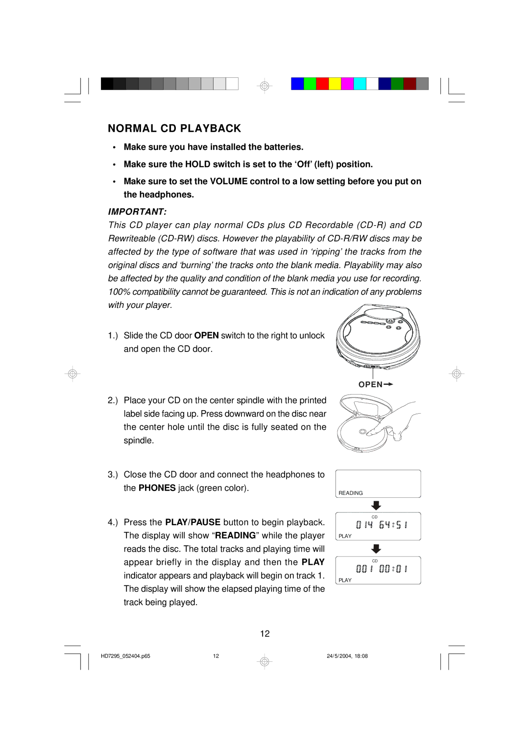 Emerson HD7295 owner manual Normal CD Playback 