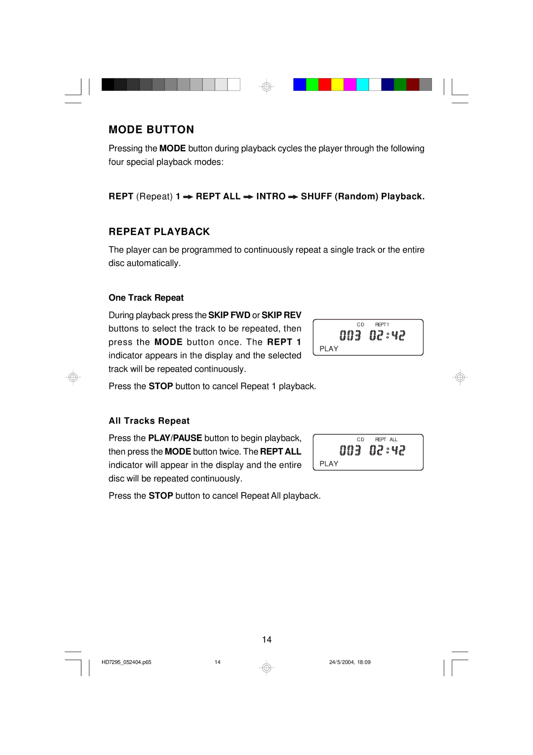 Emerson HD7295 owner manual Mode Button, Repeat Playback 