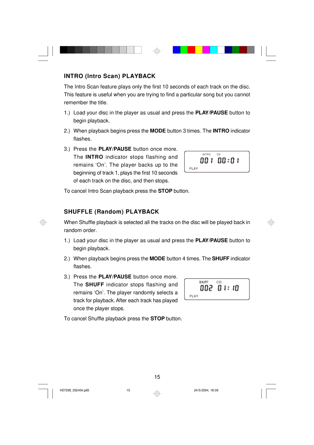 Emerson HD7295 owner manual Intro Intro Scan Playback, Shuffle Random Playback 